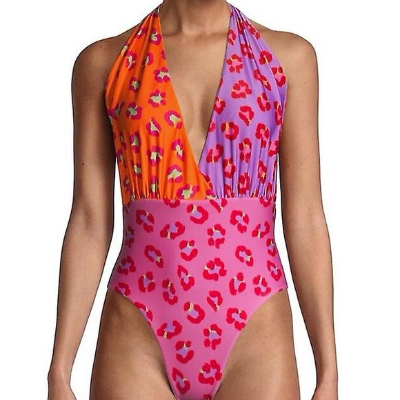 🎉HP New Farm Rio Leopard Patchwork Med 8/10 Halter Pink Purple 
Maillot Tie Swim - Picture 3 of 13